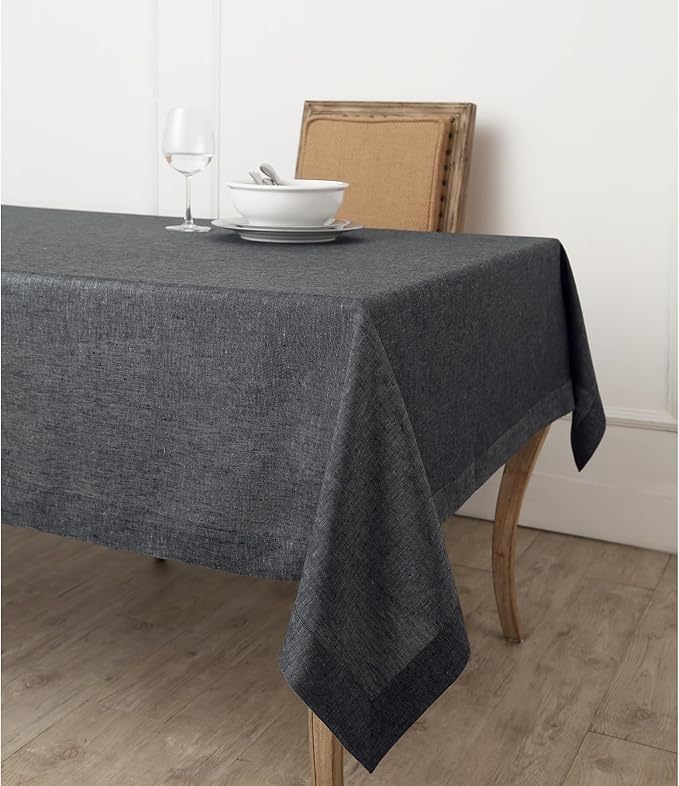 Solino Home Linen Square Tablecloth 52 x 52 Inch - 100% Pure Linen Charcoal Grey Table Throw - Athena, Machine Washable Tablecloth for Fall, Autumn, Halloween
