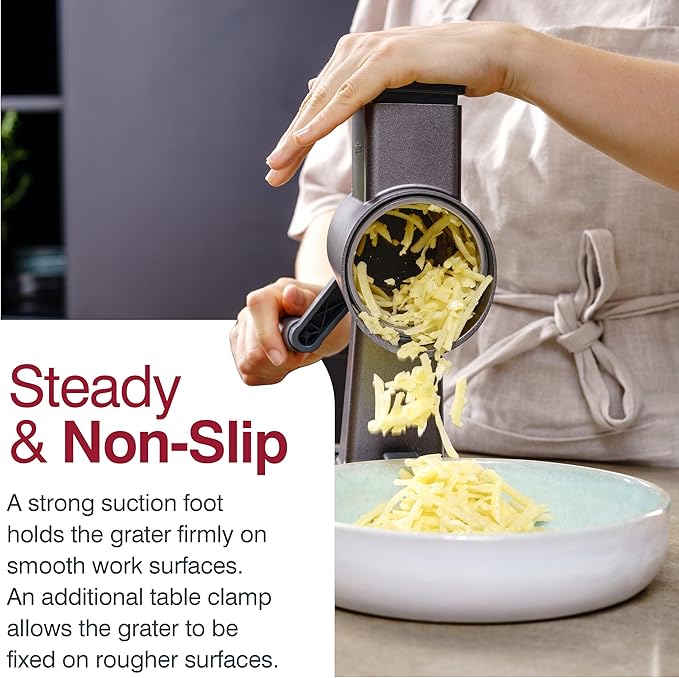 Zyliss Rotary Cheese Grater, Aluminium, 3 Steel Drum Blades, Cheese, Vegetable, Chocolate, Nut, Fruit Grater with Handle, Non-Slip Suction Foot and Table Clamp, 5 Year Guarantee