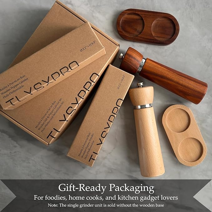 Wooden Pepper Grinder – Refillable Pepper Mill with Adjustable Upgraded Large Size Ceramic Burr – Manual Salt Grinder with Acacia Wood Body – 8.3” Tall