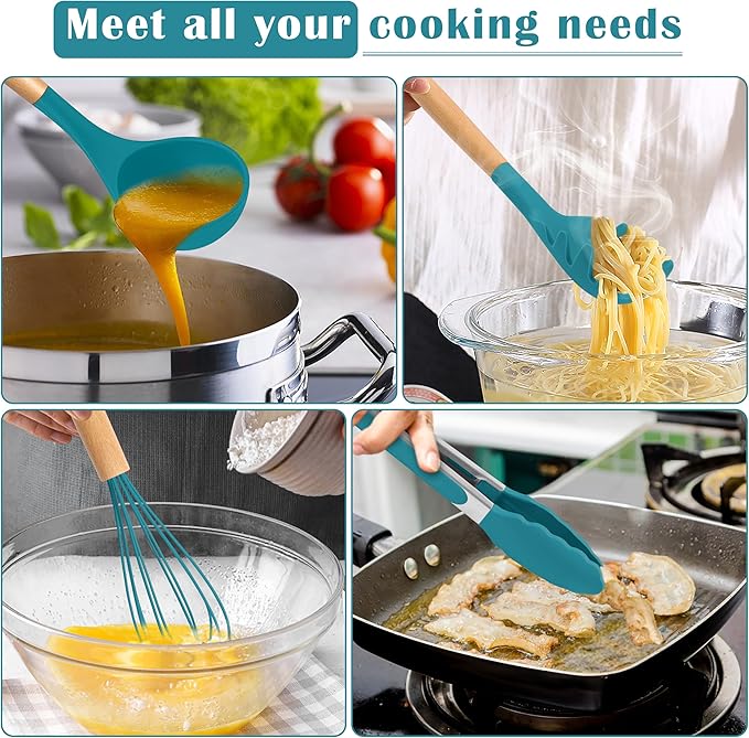 E-far Blue Silicone Cooking Utensils Set, 10-Piece Kitchen Utensils Set with Wooden Handle for Nonstick Cookware, Heat Resistant Kitchen Nonstick Tools Spatula Whisk Tongs Ladle, Non-toxic & Healthy