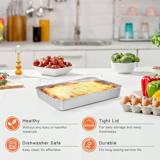 Herogo Baking Pan with Lid, 8 x 10 Inch Nonstick Rectangle Stainless Steel Cake Pan Sheet, Deep Cakes Bakeware with Lid for Brownies Casseroles, Non Toxic & Dishwasher Safe, Set of 4