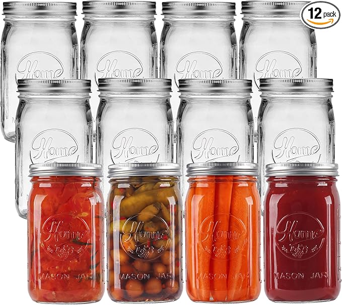 12 Pack Wide Mouth Mason Jars 32 oz - Heavy Duty Glass Quart Mason Jars With Airtight Lids for Pickling, Canning, Food Storage, Meal Prep and Fermenting, Leak Proof
