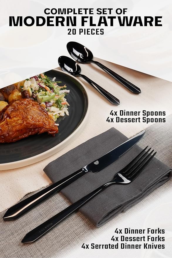 Dalstrong Flatware Cutlery Set - 20 Piece - Black High-Carbon Stainless Steel - Silverware Dinner Knife, Dinner Fork, Dinner Spoon, Dessert Fork, Dessert Spoon - Service for 4 - Table Dinner Set