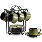 YHOSSEUN Ceramic Espresso Cups Set of 6, 4 Oz Expresso Shots Cup with Stand, Saucers & Spoons, Small Coffee Cup for Double Espresso, Mocha and Tea, Green