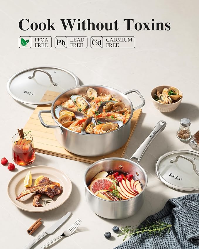 Stainless Steel Cookware Set,Tir-Ply Pots and Pans Set,10 Pcs Stainless Steel Induction Kitchen Cookware Sets,PFOA Free, Frying Pans,Saucepans,Saute Pan & Stock Pot,Compatible with All Cooktops