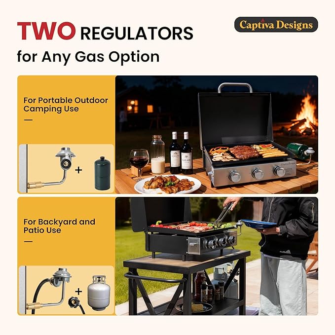 Captiva Designs 22 in Flat Top Grill with Ceramic Coated Cast Iron Pan, Portable Tabletop Propane Gas Griddle Grill for Camping, Outdoor & Tailgating Barbecue, 24,000 BTU Output, 3 Burners