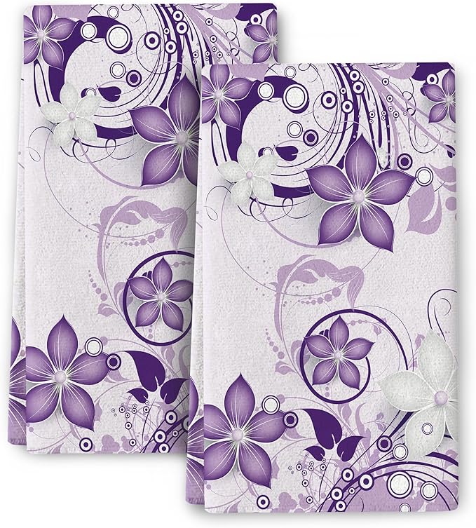 Purple Floral Kitchen Towels with Hanging Loop, Absorbent Dish Towels for Kitchen Cleaning, Cute Tea Towels for Kitchen Cooking Baking Farmhouse Home Decor 16x24 Inch Set of 2