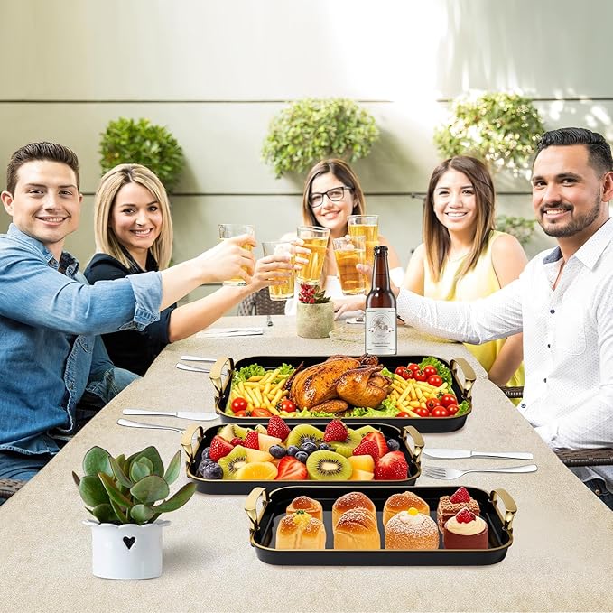 Set of 3 Serving Platters with Handles 16.5/15/13.2 Inch Reusable Large Serving Trays, Party Food Tray, Rectangular Dinner Plates for Cookie, Cake, Turkey, Cheese, Fruit, Snack(Black)