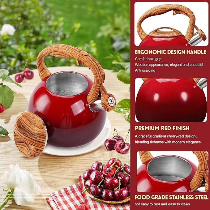 GGC Tea Kettle for Stove Top, 3.1QT/3L Whistling Tea Kettles for Boiling Water Coffee or Milk, Gradient Red Pot with Wood Parttern Handle, Stainless Steel Kettle Pot for Home and Kitchen