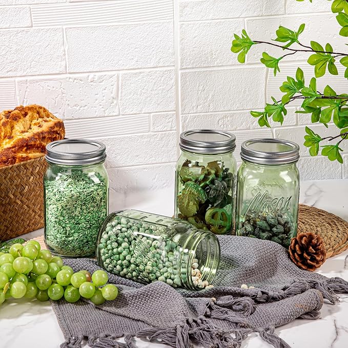 WELLIFE Mason Jars 32 oz - 6 Pack Green Large Mason Jars Wide Mouth,Glass Jar with Lid for Canning, Pickling, Food Storage, Fermenting, DIY Crafts & Decor, Reusable