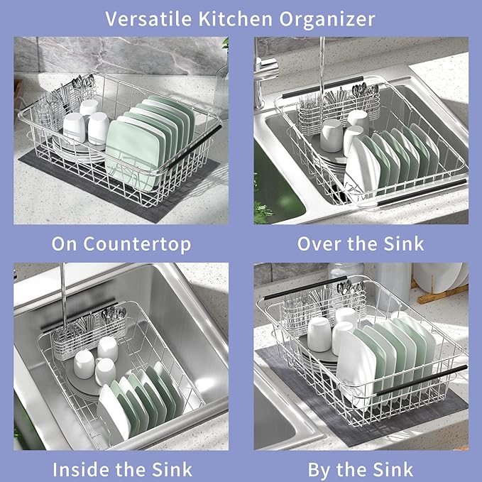 JAQ Dish Drainer in Sink Adjustable 14.96" to 20.59", Expandable 304 Stainless Steel Metal Dish Drying Rack Organizer with Stainless Steel Utensil Holder Over Inside Sink Counter