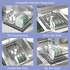JAQ Dish Drainer in Sink Adjustable 14.96" to 20.59", Expandable 304 Stainless Steel Metal Dish Drying Rack Organizer with Stainless Steel Utensil Holder Over Inside Sink Counter
