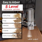Electric Salt and Pepper Grinder – Automatic One-Handed Operation, Rechargeable Stainless Steel Mills, LED Light, 5-Level Adjustable Coarseness