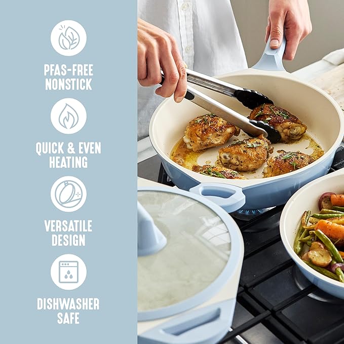 GreenLife 8 Piece Ceramic Nonstick Cookware Set, Induction Suitable Non Toxic PFAS-Free Pots & Pans, Dishwasher Safe, Cooking Set, Stock Pot, Saucepans & Frying Pans, Kitchen Cooking, Light Blue