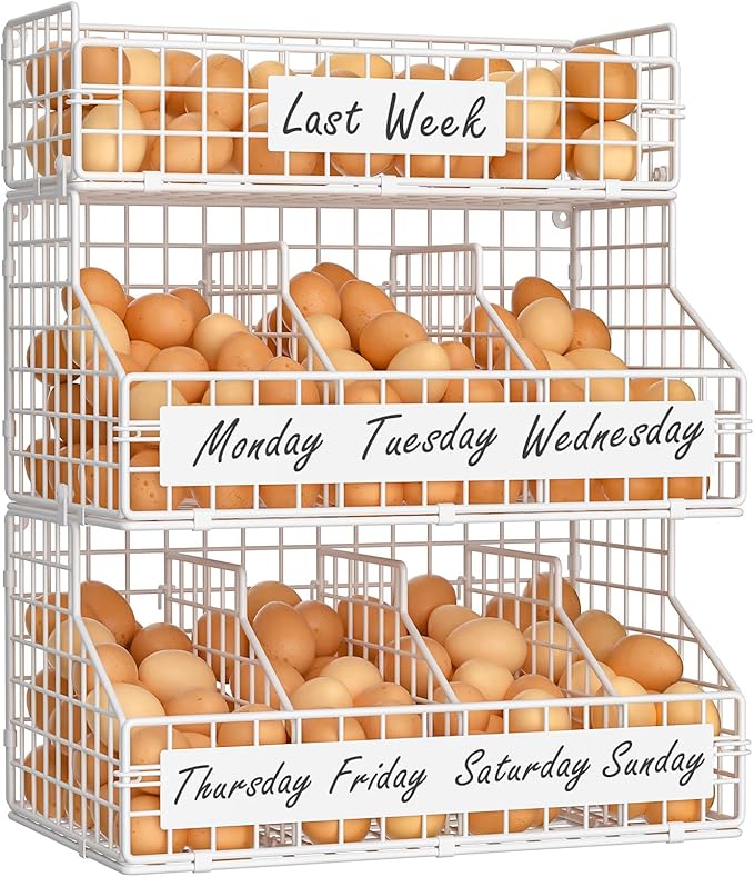 keomaisyto Egg Holder Countertop with 5 Dividers & DIY Nameplate to Separate Eggs, 3 Tier Stackable Wire Storage Baskets for Gathering Fresh Eggs, Wall-Mounted XXL Egg Rack, White (Patent Pending)