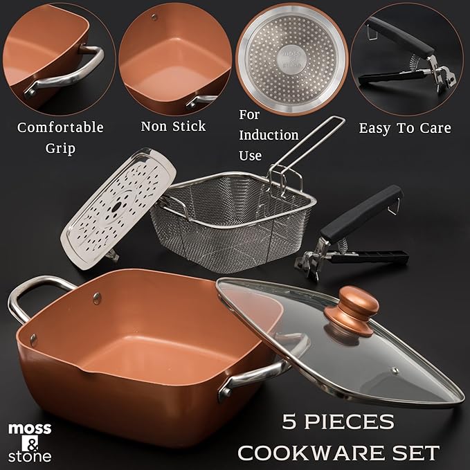 Moss & Stone 5 Pcs Copper Chef Cookware Non Stick Deep Frying Pan, Fry Basket, Steamer Rack, Dishwasher & Oven Safe, 5 Qt Deep Square Pan, Induction Copper Cookware Set - 9.5" x 3.5"