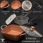 Moss & Stone 5 Pcs Copper Chef Cookware Non Stick Deep Frying Pan, Fry Basket, Steamer Rack, Dishwasher & Oven Safe, 5 Qt Deep Square Pan, Induction Copper Cookware Set - 9.5" x 3.5"