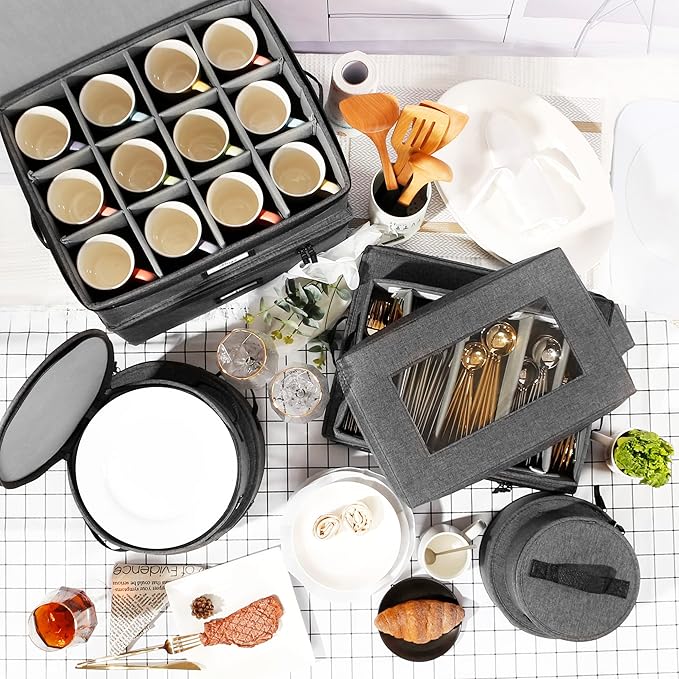 Homelux Theory Silverware Organizer with Lid, Hard Shell China Storage Containers for Flatware Storage, Heavy Duty Silverware Storage Box for Packing Serving Utensils with 5 Dividers and Thick Surface