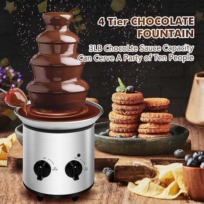 Chocolate Fountain Machine Electric Chocolate Fondue Fountain Machine Stainless Steel 4-Pound Capacity for Chocolate Candy Butter Cheese (4-Tier)