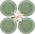 Graceful Basketweave Wide Rim 12 inch Dinner Plates, Extra Large Round Platter Scallop Serving Tray Set of 4, for Restaurant, Kitchen, Party, Home, Wedding, Gift, Microwave Dishwasher Safe, Sage Green