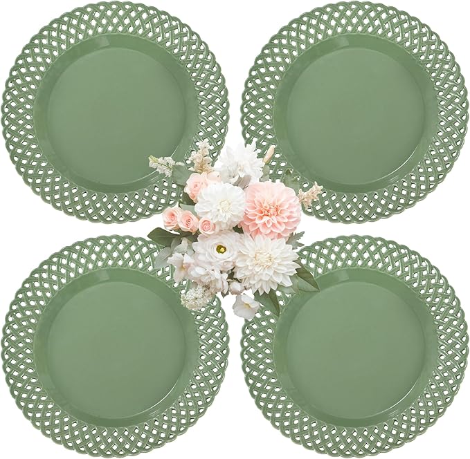 Graceful Basketweave Wide Rim 12 inch Dinner Plates, Extra Large Round Platter Scallop Serving Tray Set of 4, for Restaurant, Kitchen, Party, Home, Wedding, Gift, Microwave Dishwasher Safe, Sage Green