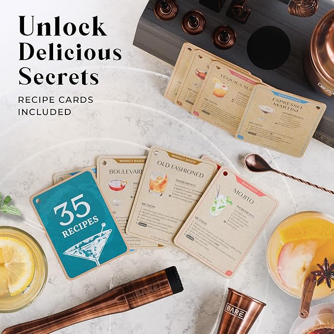 BARE BARREL® Mixology Bartender Kit Bar Set | 14-Piece Cocktail Shaker Set | Martini Barware Mixing Tools for Home Bartending | Incl. 35 Recipe Cards | Gift Set (24oz Cobbler Shaker, Copper/Black)