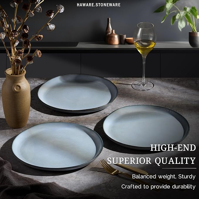 HaWare Stoneware Dinner Plates Set of 6, 10" Heavy Duty Ceramic Plates, Reactive Glaze Dinnerware for Home Restaurant, Chip and Scratch Resistant, Microwave and Dishwasher Safe, Reactive Foggy Blue