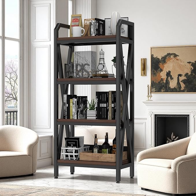 KEIKI 4-Tier Kitchen Bakers Rack with Storage, 55'' Bookcase Shelf Adjustable Shelves Freestanding, Microwave Stand, Bakers Rack for Kitchen, Garage, Pantry, Bathroom