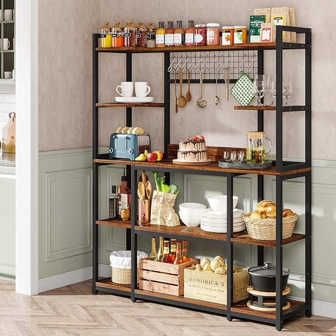 Tribesigns Large Bakers Rack, 55" Wide Kitchen Hutch Cabinet Microwave Stand with 11 Hooks, 5-Tier Baker’s Rack Kitchen Storage Shelf with Hutch, Rustic Brown