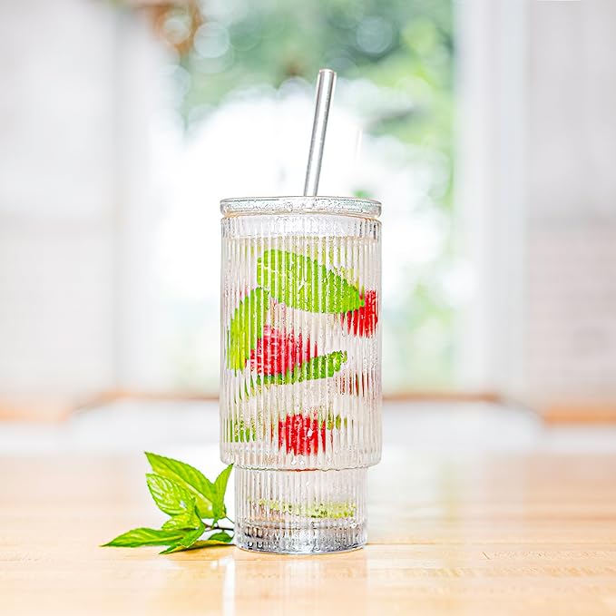 All Glass Iced Coffee Cup with Lid and Straw (16oz striped)