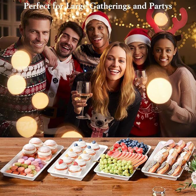 Extra Large Serving Tray Melamine Plastic for Party Supplies, 14" x 7" Platters for Serving Food, 4 pcs White Reusable Tray for Veggie, Snack, Fruit, Cookies, Desserts in Kitchen/Pantry Organization