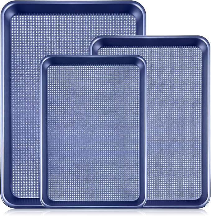 Vinino Baking Sheet Set of 3, Cookie Sheets For Baking with Square Texture Pattern, Thicker Carbon Steel Non-stick Baking Pan Half/Quarter/Jelly Roll Pans Tray for Oven-Blue