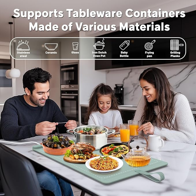 Food Warming Mat WochiTV Electric Warming Tray with 6 Level Temperature Control and 6 Hours Timer Extra Large Food Warmer Perfect for Parties Gatherings Buffet (Pale Green)