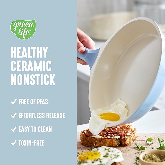 GreenLife 8 Piece Ceramic Nonstick Cookware Set, Induction Suitable Non Toxic PFAS-Free Pots & Pans, Dishwasher Safe, Cooking Set, Stock Pot, Saucepans & Frying Pans, Kitchen Cooking, Light Blue