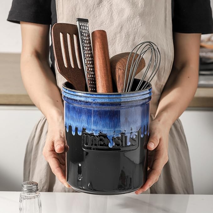KOOV Cooking Utensil Holder, Large Ceramic Utensil Crock, Deep and Stable, Utensil Caddy for Countertop, Reactive Glaze (Nebula Blue)