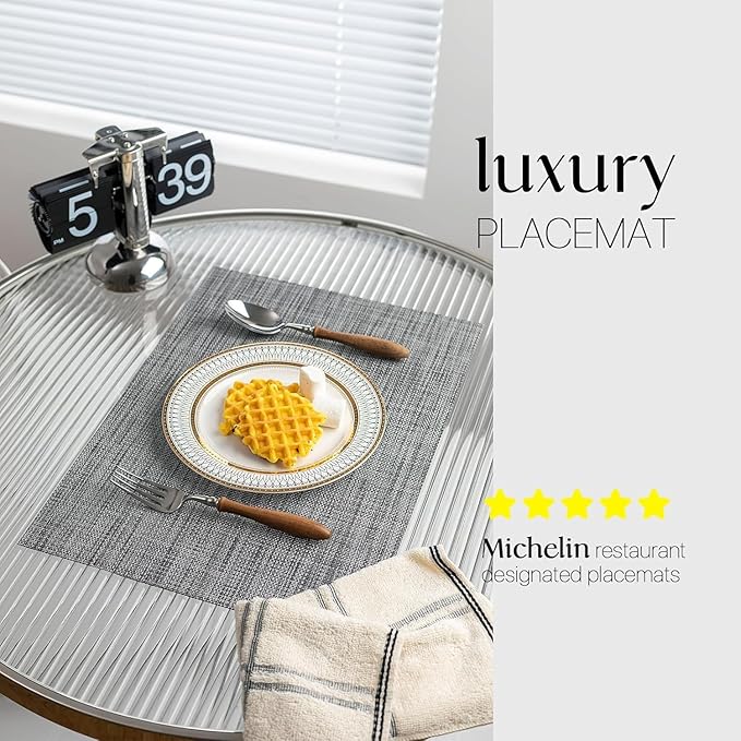 LEXMORE PVC Woven Placemats 8 PCS Wipeable Indoor/Outdoor Table Mats Washable Vinyl Place Mats for Dining Table, Set of 8-Dark Gray