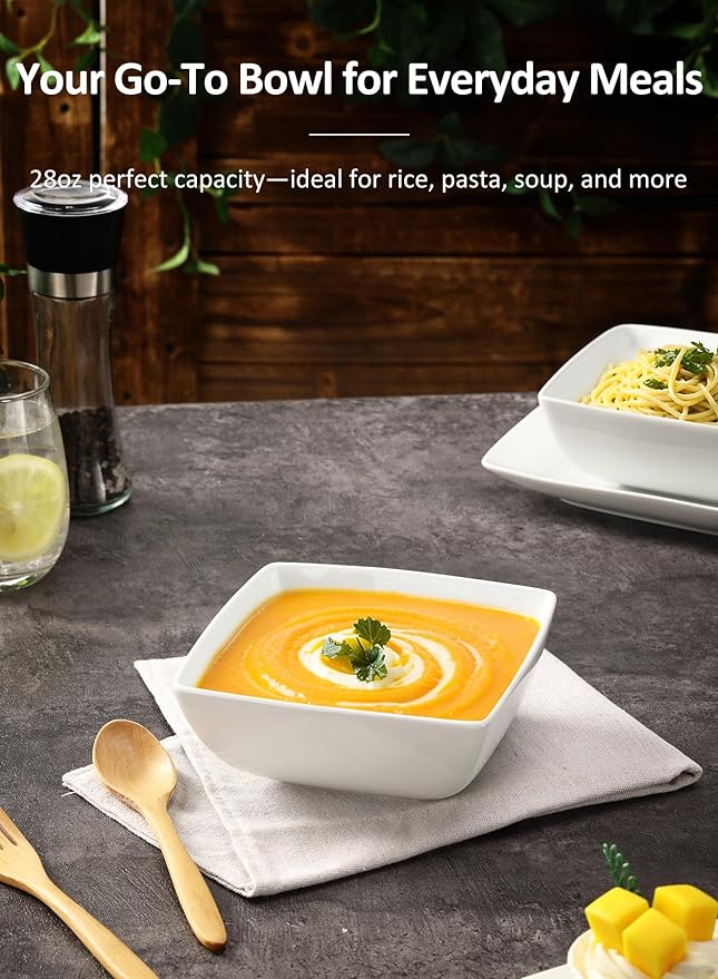 Yedio Porcelain Soup Bowls Set of 6, 28 OZ Square Cereal Bowls, Rice Bowl, for Ice Cream and Dessert Snack, Wedding Party Gift, Microwave Safe Bowl