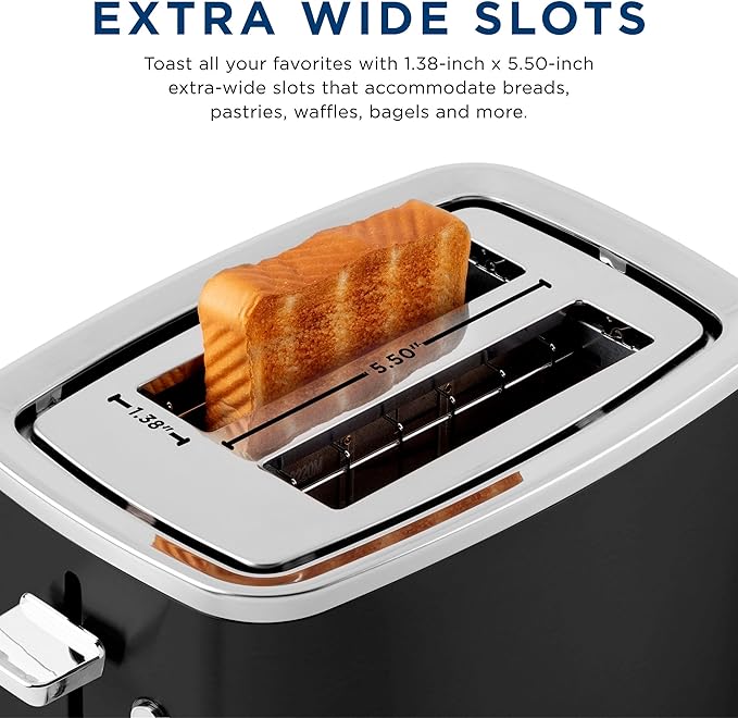 GE 2 Slice Black Stainless Steel Toaster, Extra Wide Slots for Toasting Bagels, Breads, Waffles & More, 7 Adjustable Shade Settings, Removable Crumb Tray, Countertop Kitchen Essentials, 850 Watts