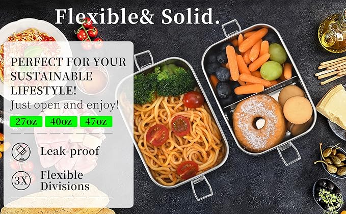 UPTRUST Leak Proof Stainless Steel Lunch Food Container, Large Bento Boxes Metal Lunch Box for Kids or Adults - Lockable Clips (1400ML/47oz)