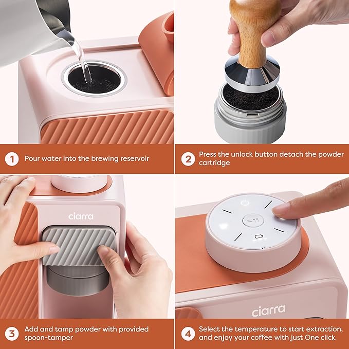 CIARRA Bloombox Compact Single Serve Coffee Maker, 15 Bar Rich Flavor Brew Espresso Coffee Machine for Travel Camping RV Office Home, Easy to use, 6.1oz Stainless Steel Water Tank