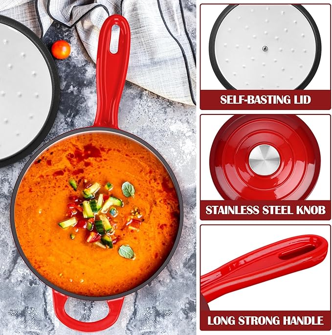 E-far Enameled Cast Iron Sauce Pan, 2 Quart Dutch Oven Saucepan with Lid, Small Sauce Pot for Cooking, Boiling, Healthy & Non Toxic, Induction & Oven Safe, Red
