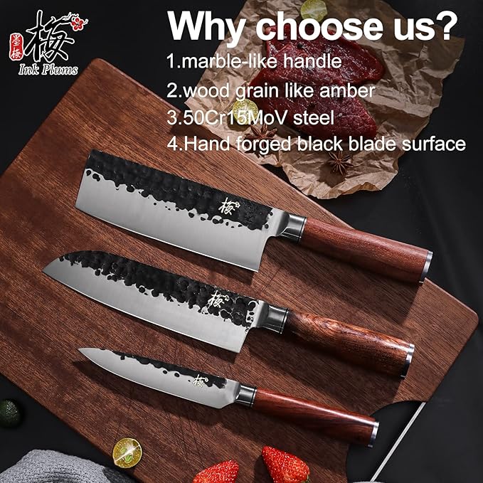 3-Piece Kitchen Knife Set - Santoku, Usuba & Paring Knives, German High Carbon Stainless Steel, Hand-forged with Brazilian Rosewood, Gift Box