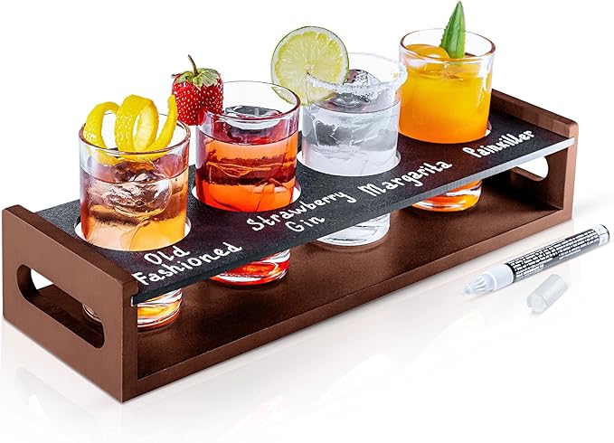 Flight Board with Glasses – Drink Flight Set for Bartesian Capsules – Mimosa and Cocktail Tasting Tray - Bartender Accessories and Hosting Essentials