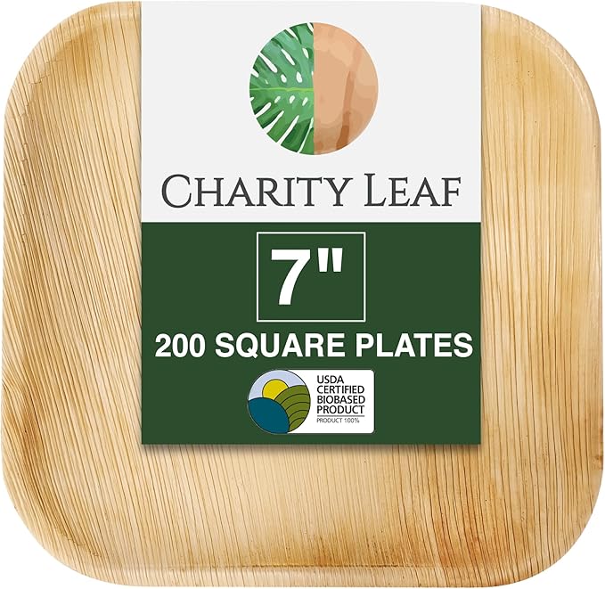 Disposable Palm Leaf 7" Square Plates (200 pieces) Bamboo Like Serving Platters, Disposable Boards, Eco-Friendly Dinnerware For Weddings, Catering, Events