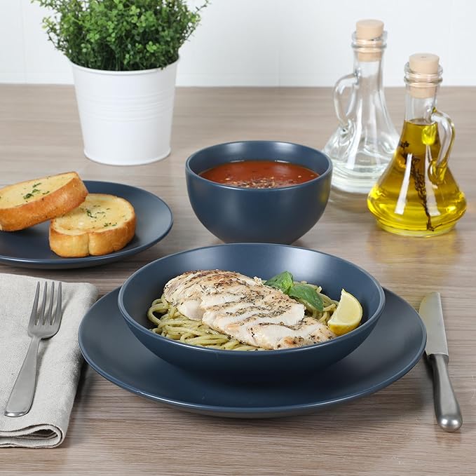 Gibson Home Queenslane 16-Piece Matte Blue Stoneware Dinnerware Set – Double Bowl Plates and Bowls, Durable Kitchen Dinner Set