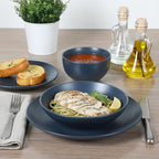 Gibson Home Queenslane 16-Piece Matte Blue Stoneware Dinnerware Set – Double Bowl Plates and Bowls, Durable Kitchen Dinner Set