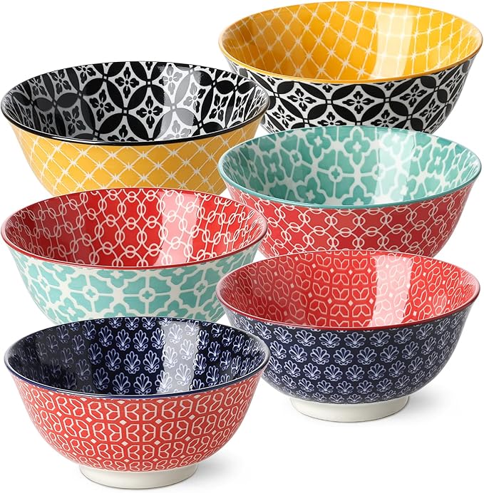 DOWAN Mosaian 33 OZ Large Bowl Set of 6 - Ceramic Deep Bowls for Ramen, Pasta, Salad - Vibrant Patterned Porcelain Bowls for Kitchen Decor & Housewarming Gift - Dishwasher & Microwave Safe