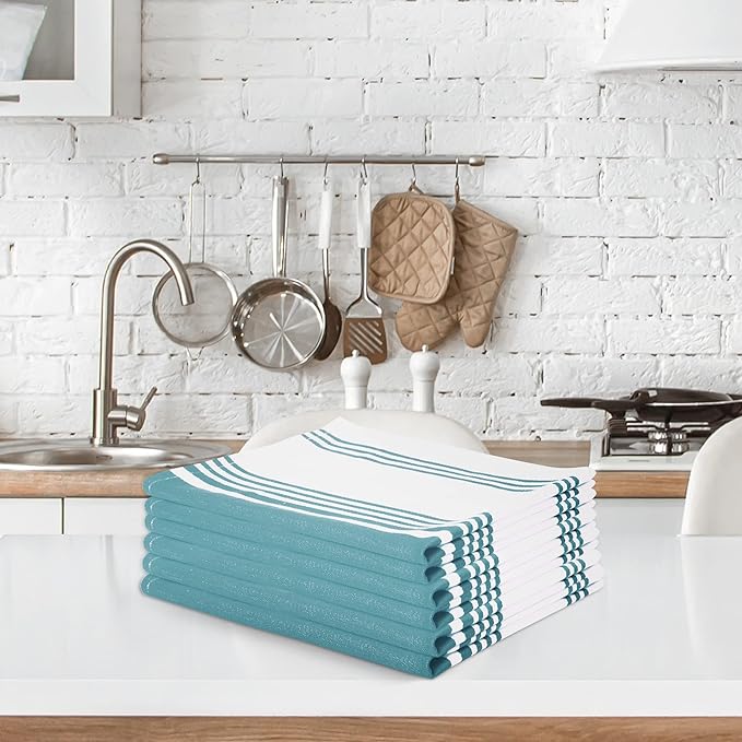 Urban Villa Kitchen Towels 100% Cotton Pack of 3, Highly Absorbent Quick Drying Super Soft Premium Dish Towels 20x30 Inch for Kitchen with Hanging Loop Hand & Tea Towels - Aqua/White