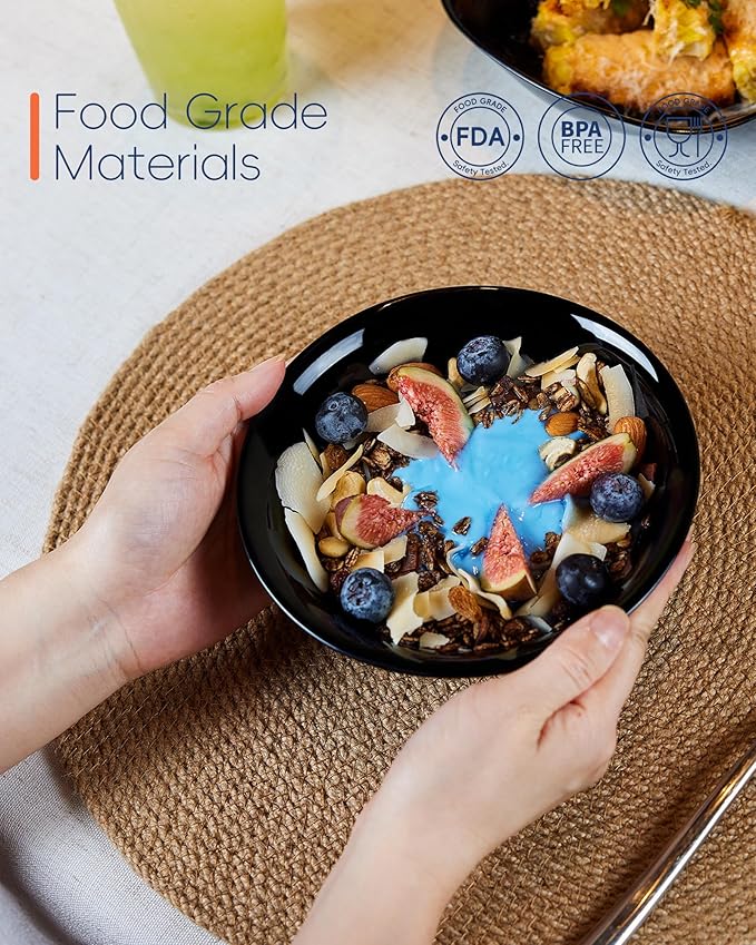 14 OZ (16 OZ MAX) Black Opal Glass Cereal Bowl Set of 4, 6.5 inch Dishwasher & Microwave Safe Round Bowls for Soup, Salad and Rice