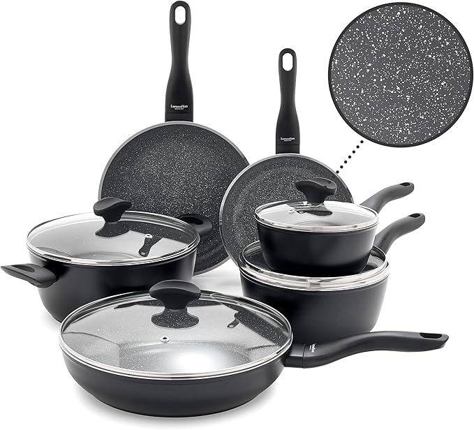 Rigoletto 10 Piece Cookware Pots & Pans Set, Made in Italy, Layered Ceramic PFAS-Free Surface, Induction, Dishwasher & Metal Utensil Safe, Granite Finish, Stay-Cool Handle, Black